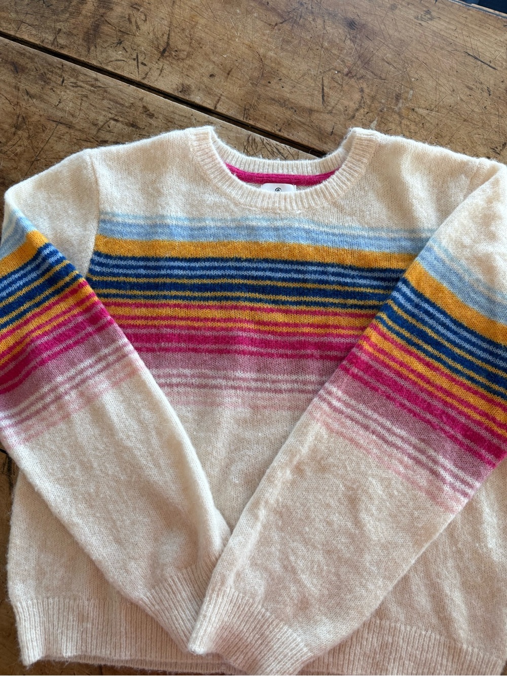 Sundry Cream Striped Crewneck Sweater with Pink & Blue Accents